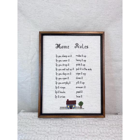 Framed Cross-Stitch "Home Rules" | Handmade Embroidered Wall Art | Rustic Decor - Picture 2 of 8